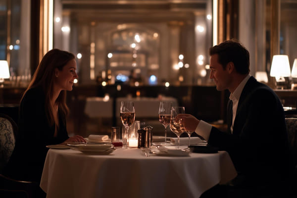 sugar daddy and sugar baby have dinner together at a fancy restaurant